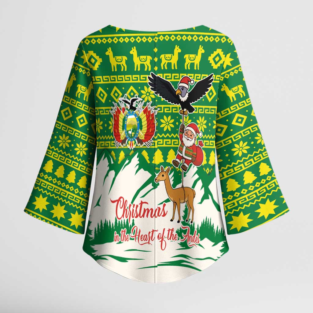 Bolivia Christmas Kimono Sleeve Blouse with Santa Claus Andean Deer Condor and Traditional Pattern Design - Wonder Print Shop