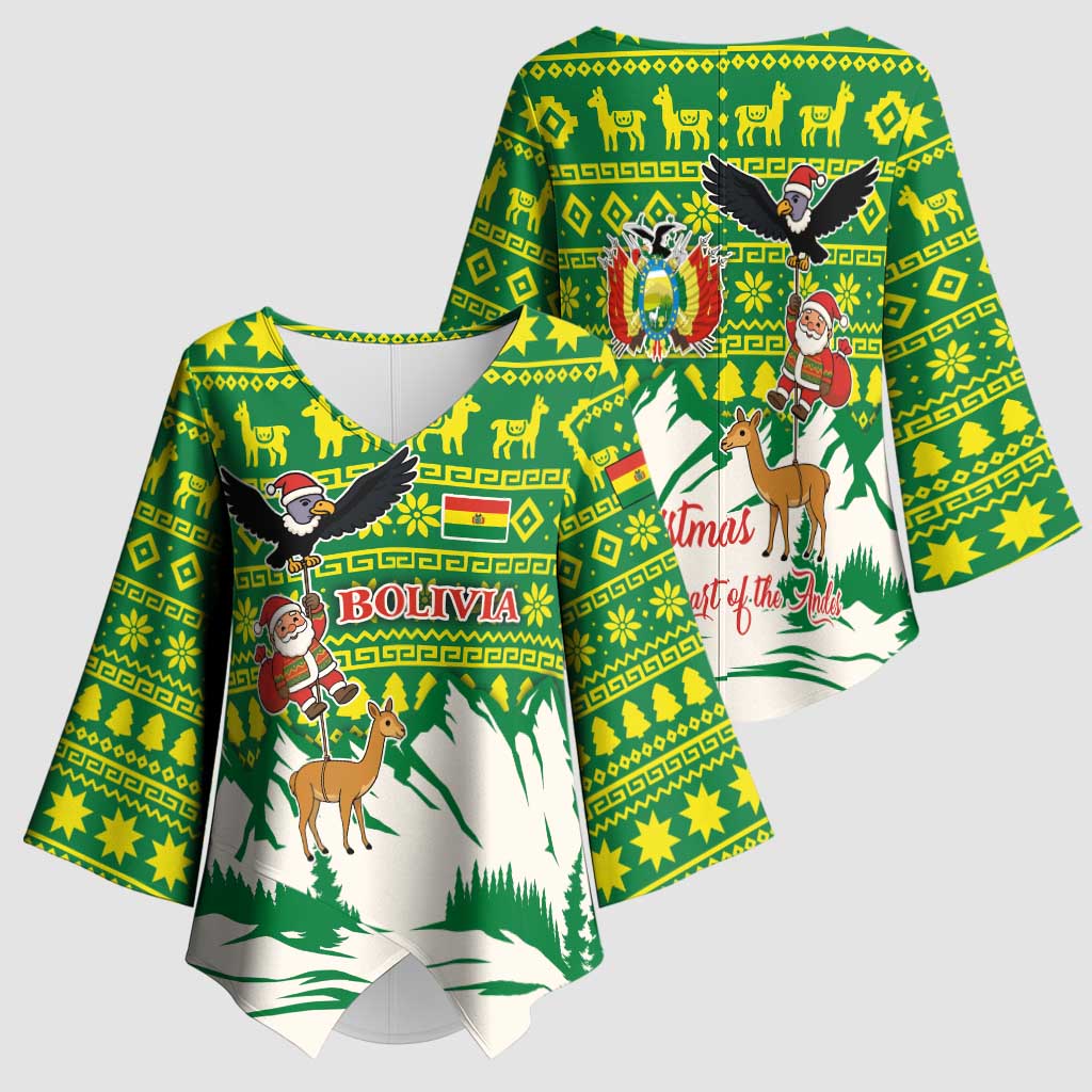Bolivia Christmas Kimono Sleeve Blouse with Santa Claus Andean Deer Condor and Traditional Pattern Design - Wonder Print Shop