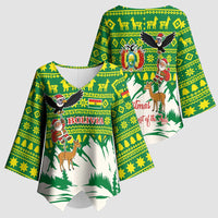 Bolivia Christmas Kimono Sleeve Blouse with Santa Claus Andean Deer Condor and Traditional Pattern Design - Wonder Print Shop