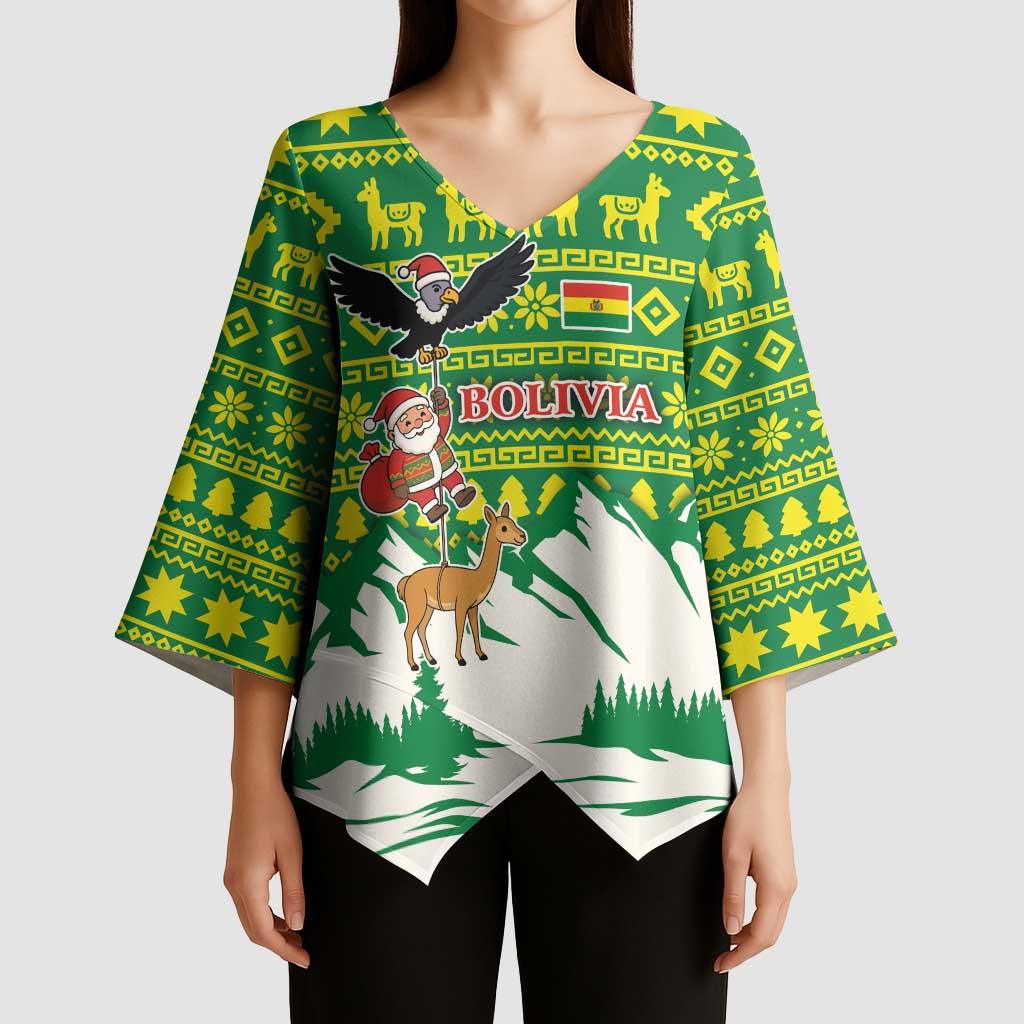 Bolivia Christmas Kimono Sleeve Blouse with Santa Claus Andean Deer Condor and Traditional Pattern Design - Wonder Print Shop