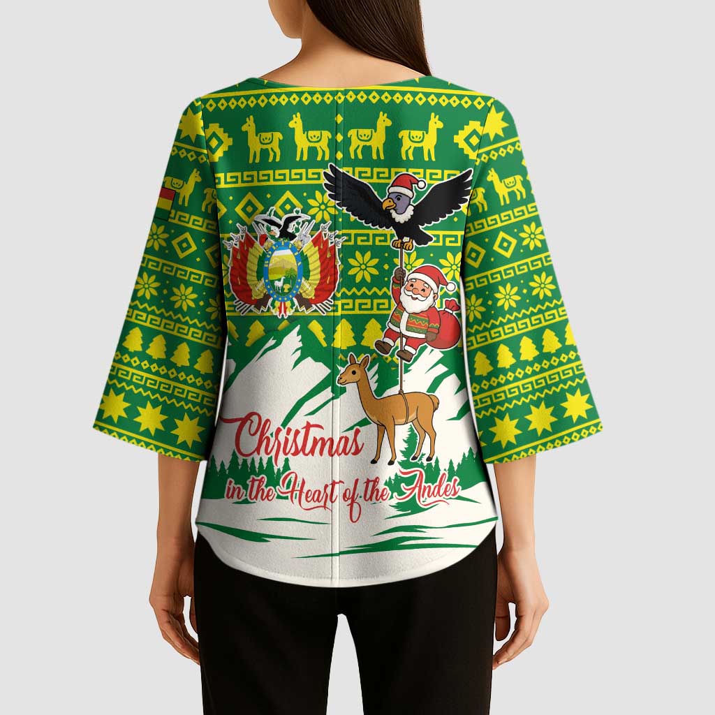 Bolivia Christmas Kimono Sleeve Blouse with Santa Claus Andean Deer Condor and Traditional Pattern Design - Wonder Print Shop