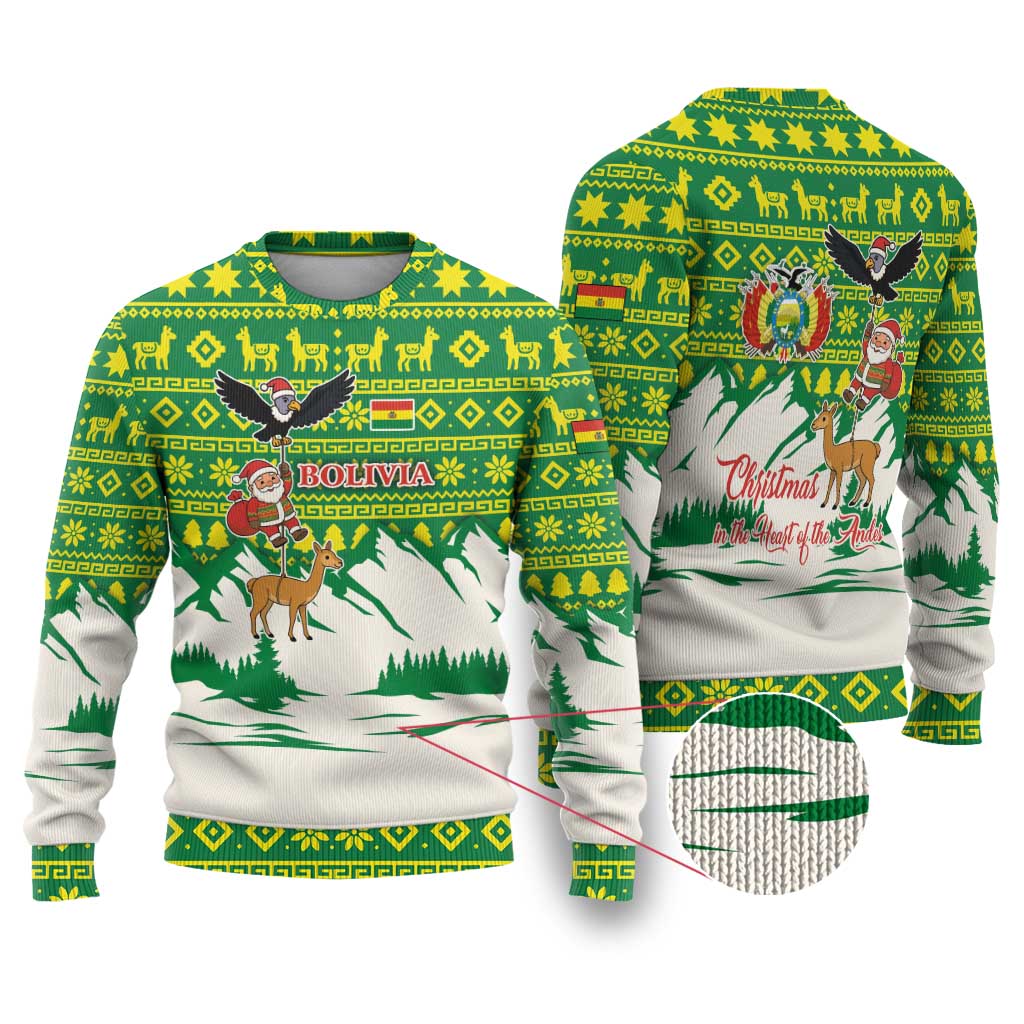 Bolivia Christmas Ugly Christmas Sweater with Santa Claus Andean Deer Condor and Traditional Pattern Design - Wonder Print Shop