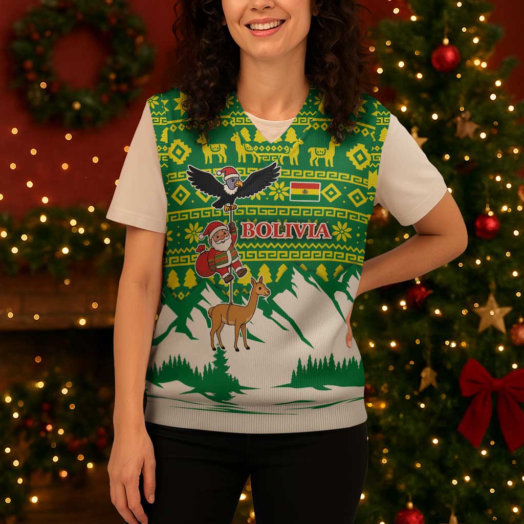 Bolivia Christmas Knitted V-Neck Vest with Santa Claus Andean Deer Condor and Traditional Pattern Design - Wonder Print Shop