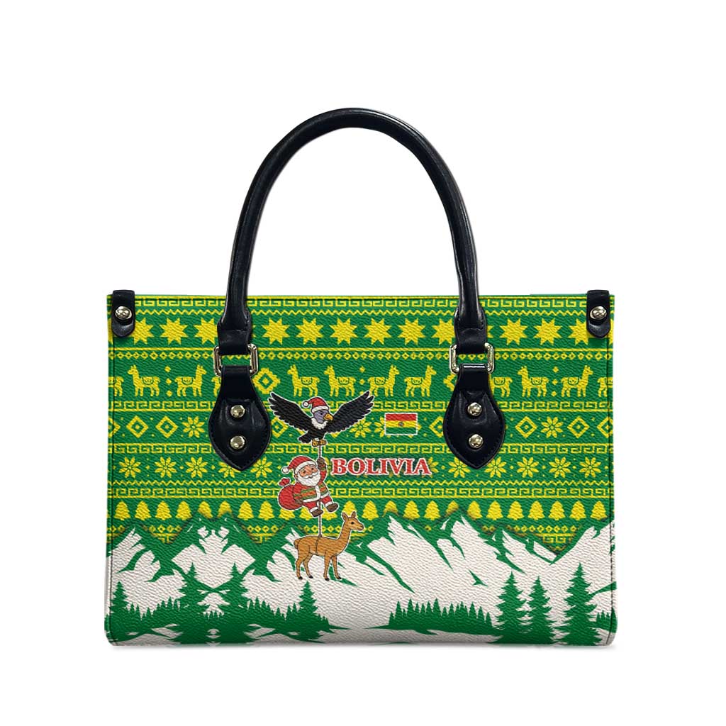 Bolivia Christmas Leather Bag with Santa Claus Andean Deer Condor and Traditional Pattern Design - Wonder Print Shop