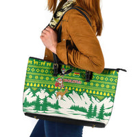 Bolivia Christmas Leather Tote Bag with Santa Claus Andean Deer Condor and Traditional Pattern Design - Wonder Print Shop