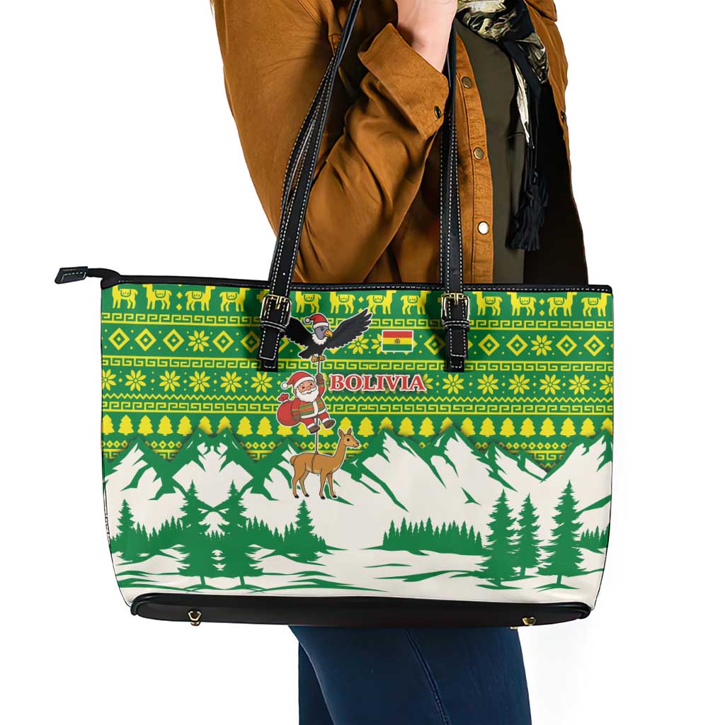 Bolivia Christmas Leather Tote Bag with Santa Claus Andean Deer Condor and Traditional Pattern Design - Wonder Print Shop