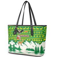 Bolivia Christmas Leather Tote Bag with Santa Claus Andean Deer Condor and Traditional Pattern Design - Wonder Print Shop