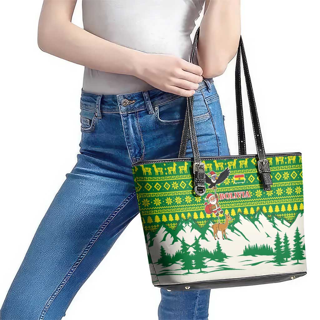 Bolivia Christmas Leather Tote Bag with Santa Claus Andean Deer Condor and Traditional Pattern Design - Wonder Print Shop