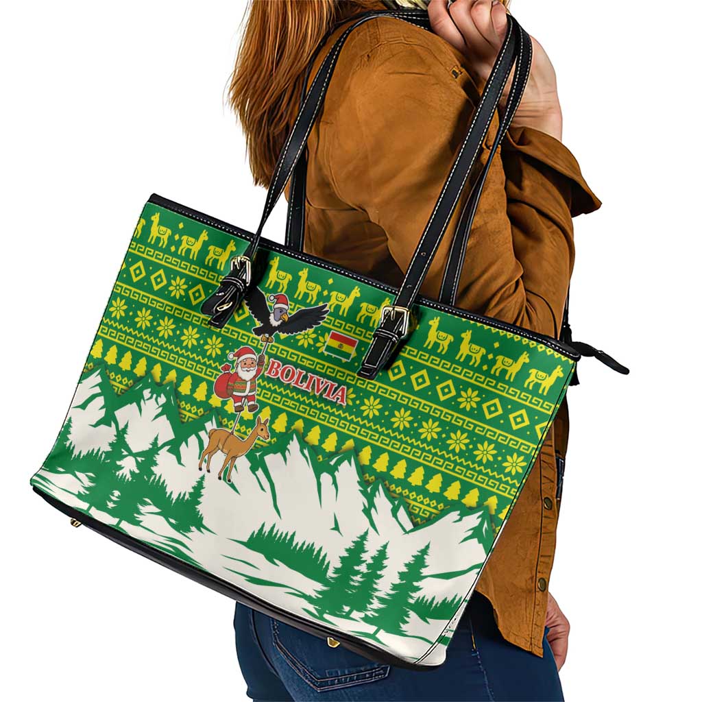Bolivia Christmas Leather Tote Bag with Santa Claus Andean Deer Condor and Traditional Pattern Design - Wonder Print Shop