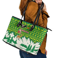 Bolivia Christmas Leather Tote Bag with Santa Claus Andean Deer Condor and Traditional Pattern Design - Wonder Print Shop