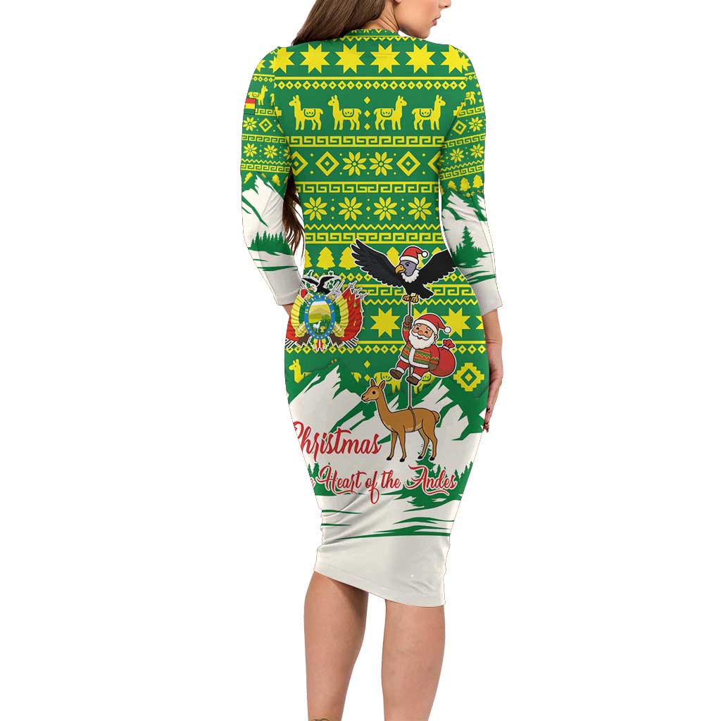 Bolivia Christmas Long Sleeve Bodycon Dress with Santa Claus Andean Deer Condor and Traditional Pattern Design - Wonder Print Shop
