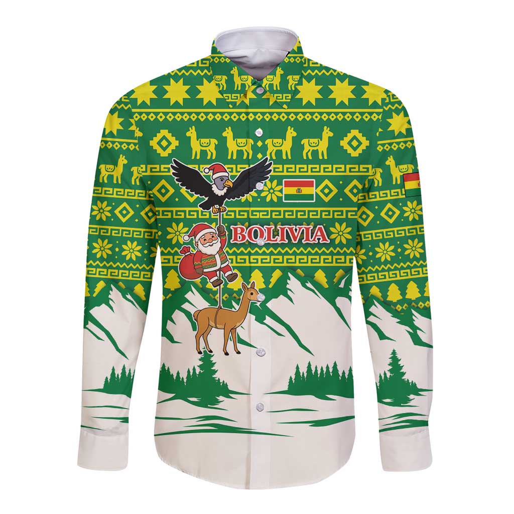Bolivia Christmas Long Sleeve Button Shirt with Santa Claus Andean Deer Condor and Traditional Pattern Design - Wonder Print Shop