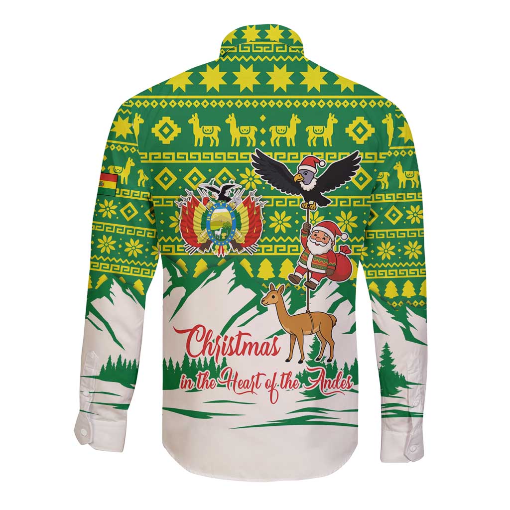 Bolivia Christmas Long Sleeve Button Shirt with Santa Claus Andean Deer Condor and Traditional Pattern Design - Wonder Print Shop