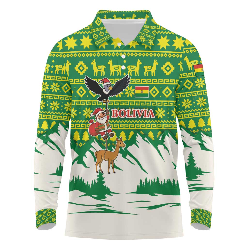 Bolivia Christmas Long Sleeve Polo Shirt with Santa Claus Andean Deer Condor and Traditional Pattern Design - Wonder Print Shop