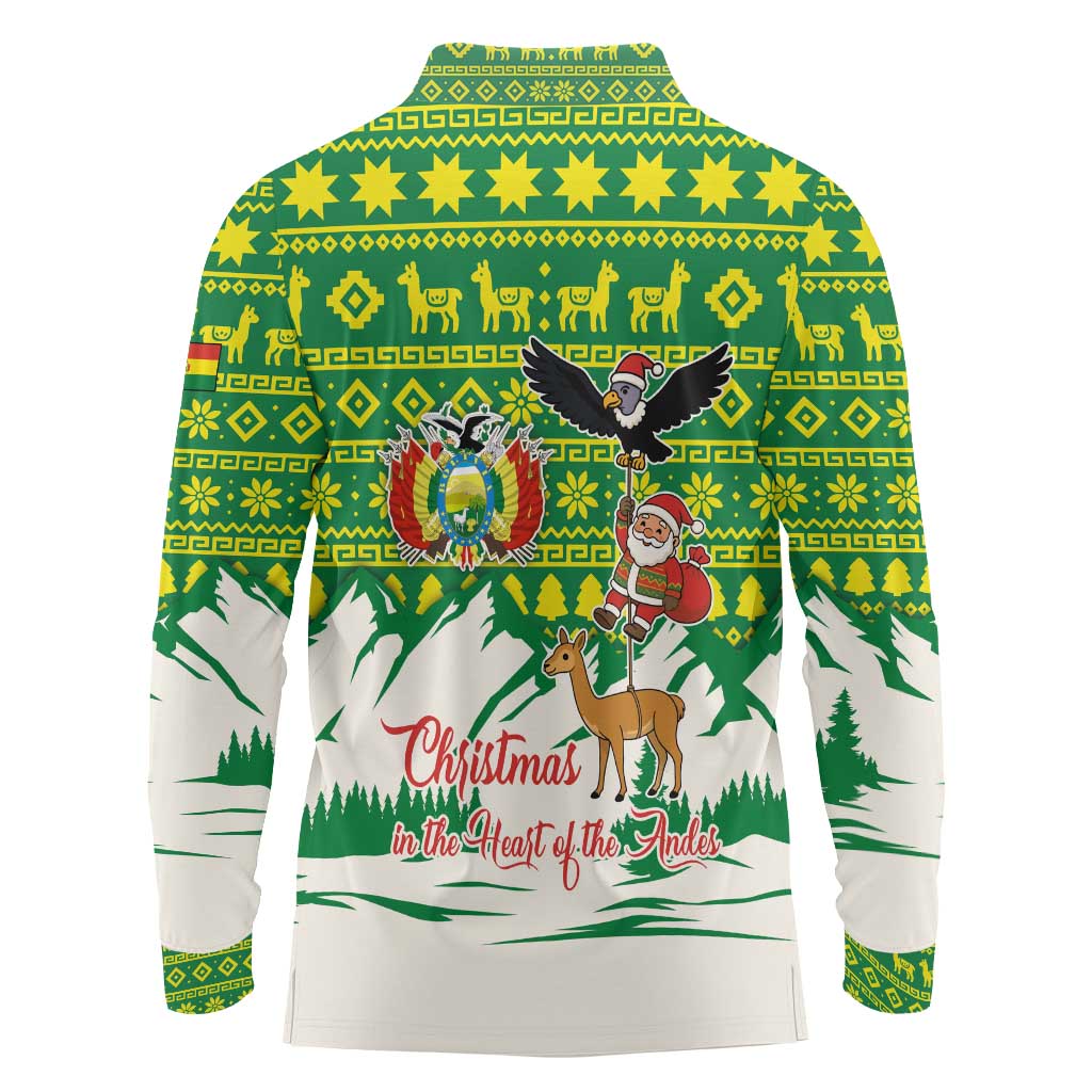 Bolivia Christmas Long Sleeve Polo Shirt with Santa Claus Andean Deer Condor and Traditional Pattern Design - Wonder Print Shop