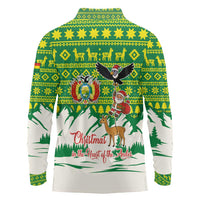 Bolivia Christmas Long Sleeve Polo Shirt with Santa Claus Andean Deer Condor and Traditional Pattern Design - Wonder Print Shop