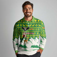 Bolivia Christmas Long Sleeve Polo Shirt with Santa Claus Andean Deer Condor and Traditional Pattern Design - Wonder Print Shop