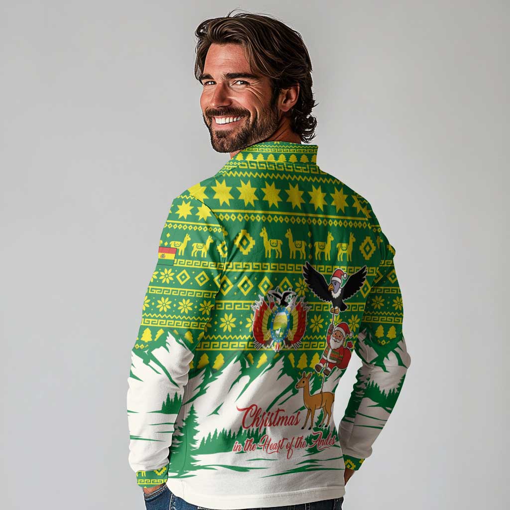 Bolivia Christmas Long Sleeve Polo Shirt with Santa Claus Andean Deer Condor and Traditional Pattern Design - Wonder Print Shop