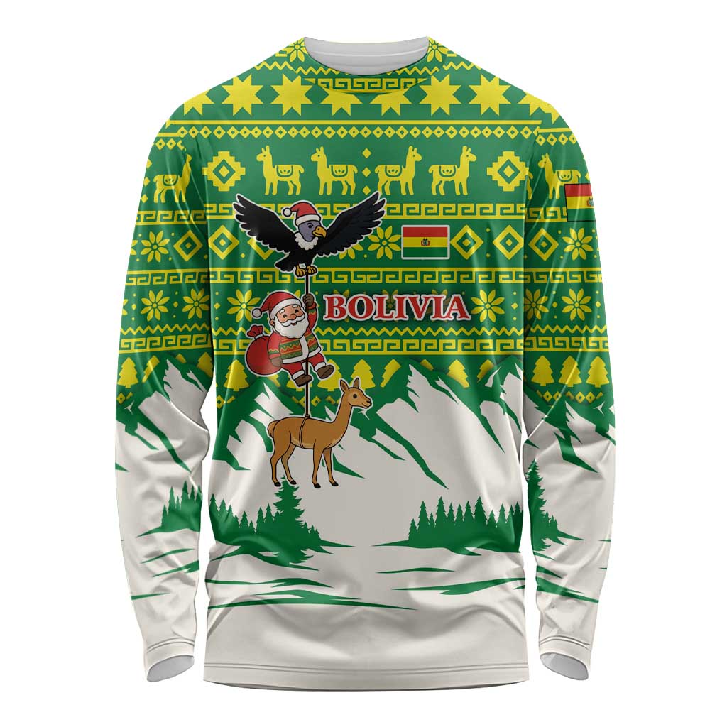 Bolivia Christmas Long Sleeve Shirt with Santa Claus Andean Deer Condor and Traditional Pattern Design - Wonder Print Shop
