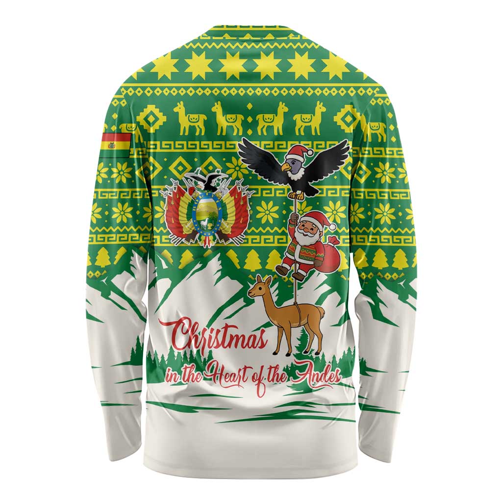 Bolivia Christmas Long Sleeve Shirt with Santa Claus Andean Deer Condor and Traditional Pattern Design - Wonder Print Shop