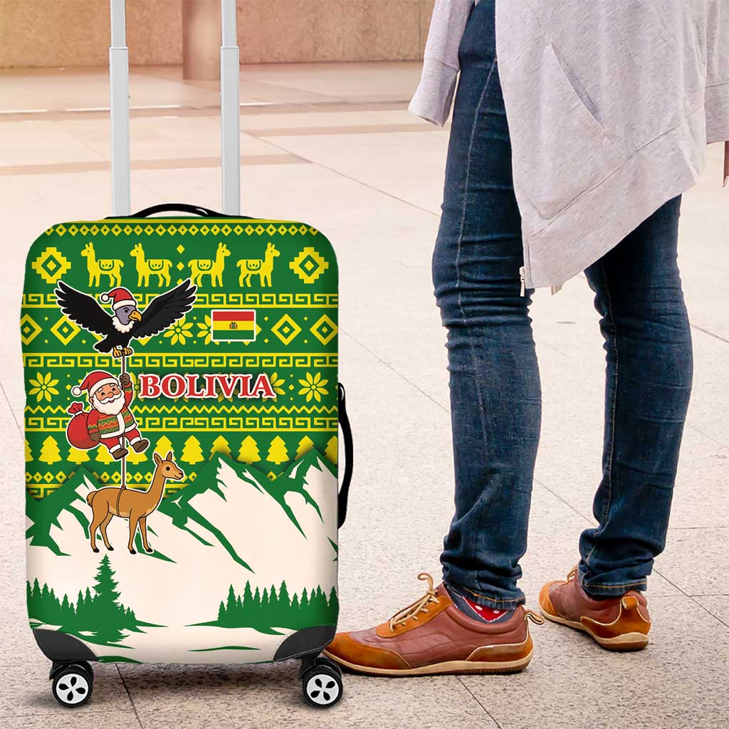 Bolivia Christmas Luggage Cover with Santa Claus Andean Deer Condor and Traditional Pattern Design - Wonder Print Shop