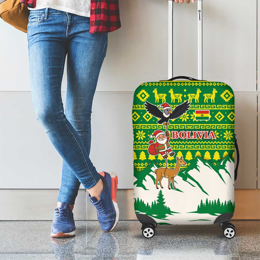 Bolivia Christmas Luggage Cover with Santa Claus Andean Deer Condor and Traditional Pattern Design - Wonder Print Shop