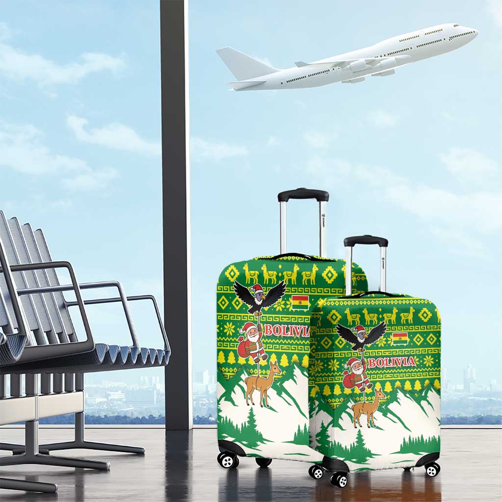 Bolivia Christmas Luggage Cover with Santa Claus Andean Deer Condor and Traditional Pattern Design - Wonder Print Shop
