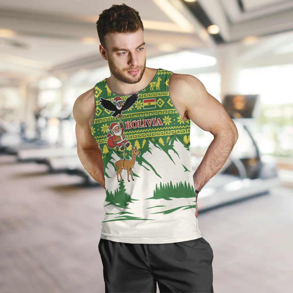 Bolivia Christmas Men Tank Top with Santa Claus Andean Deer Condor and Traditional Pattern Design - Wonder Print Shop