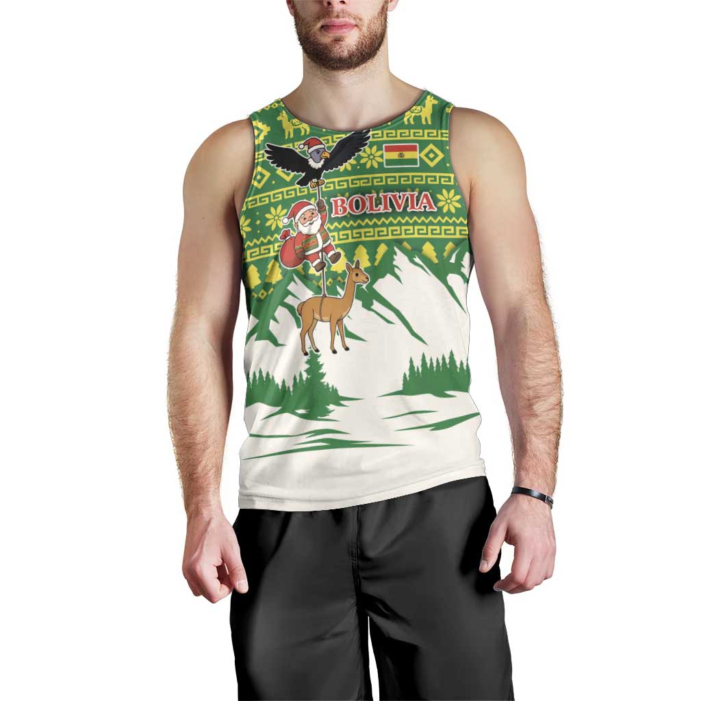 Bolivia Christmas Men Tank Top with Santa Claus Andean Deer Condor and Traditional Pattern Design - Wonder Print Shop