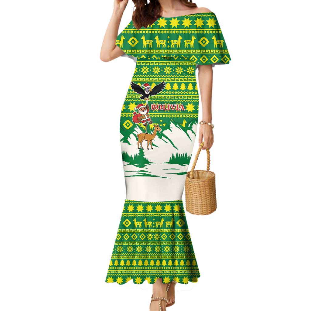 Bolivia Christmas Mermaid Dress with Santa Claus Andean Deer Condor and Traditional Pattern Design - Wonder Print Shop
