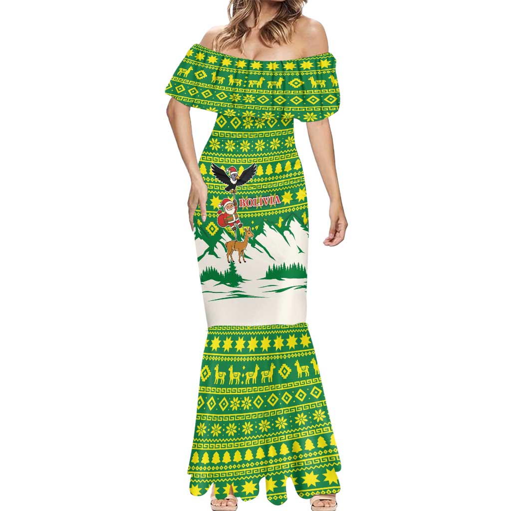 Bolivia Christmas Mermaid Dress with Santa Claus Andean Deer Condor and Traditional Pattern Design - Wonder Print Shop