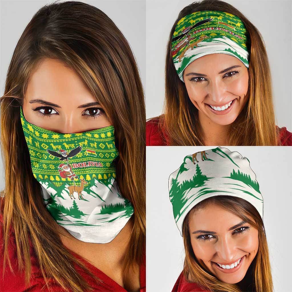 Bolivia Christmas Neck Gaiter with Santa Claus Andean Deer Condor and Traditional Pattern Design - Wonder Print Shop