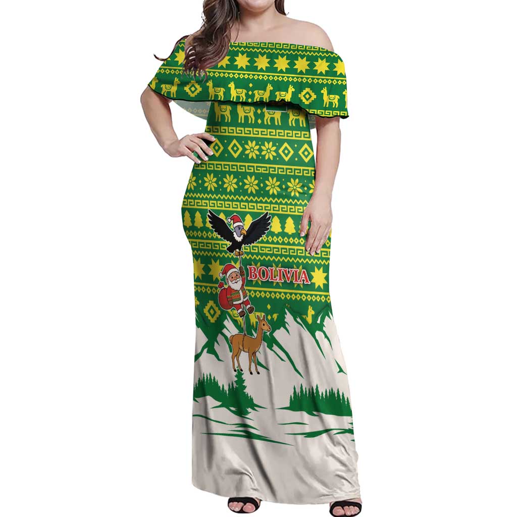 Bolivia Christmas Off Shoulder Maxi Dress with Santa Claus Andean Deer Condor and Traditional Pattern Design - Wonder Print Shop