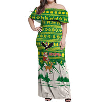 Bolivia Christmas Off Shoulder Maxi Dress with Santa Claus Andean Deer Condor and Traditional Pattern Design - Wonder Print Shop