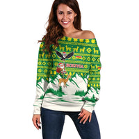 Bolivia Christmas Off Shoulder Sweater with Santa Claus Andean Deer Condor and Traditional Pattern Design - Wonder Print Shop