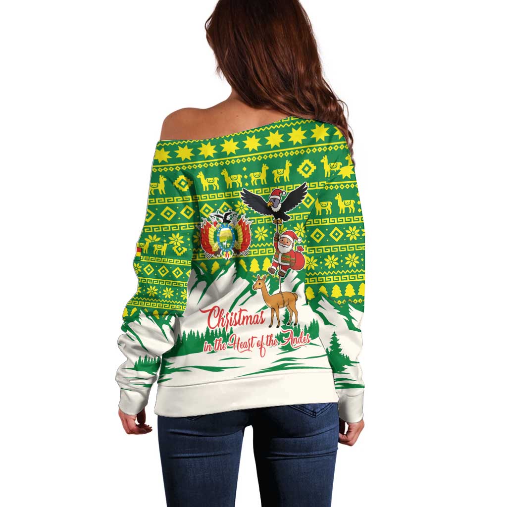 Bolivia Christmas Off Shoulder Sweater with Santa Claus Andean Deer Condor and Traditional Pattern Design - Wonder Print Shop