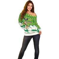 Bolivia Christmas Off Shoulder Sweater with Santa Claus Andean Deer Condor and Traditional Pattern Design - Wonder Print Shop