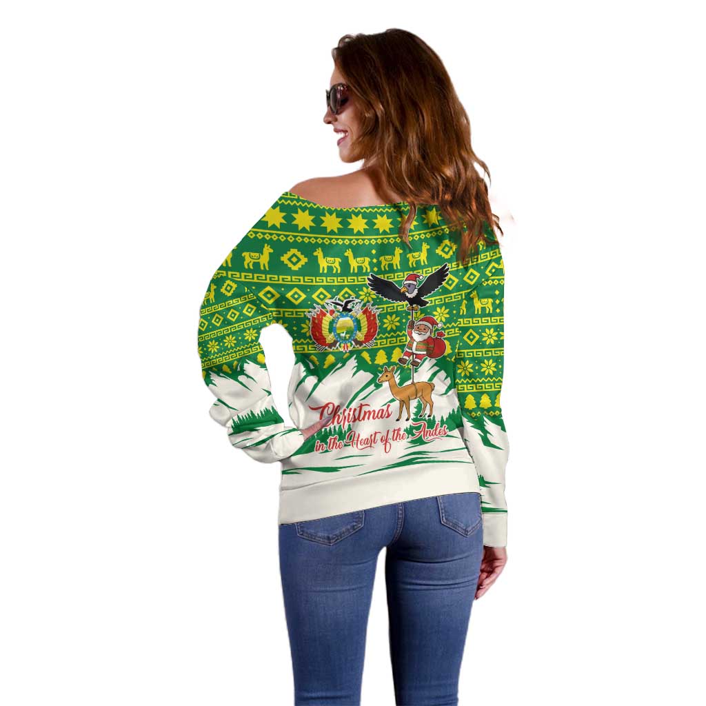 Bolivia Christmas Off Shoulder Sweater with Santa Claus Andean Deer Condor and Traditional Pattern Design - Wonder Print Shop