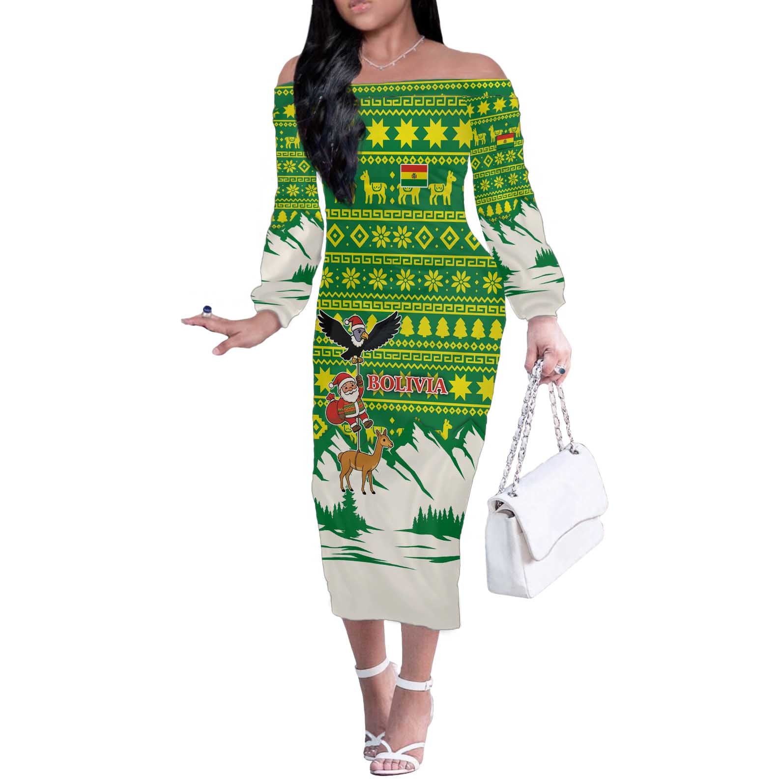 Bolivia Christmas Off The Shoulder Long Sleeve Dress with Santa Claus Andean Deer Condor and Traditional Pattern Design - Wonder Print Shop