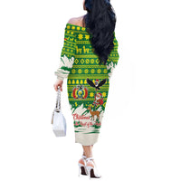 Bolivia Christmas Off The Shoulder Long Sleeve Dress with Santa Claus Andean Deer Condor and Traditional Pattern Design - Wonder Print Shop