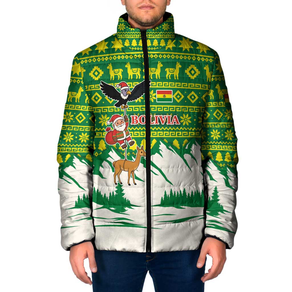 Bolivia Christmas Padded Jacket with Santa Claus Andean Deer Condor and Traditional Pattern Design - Wonder Print Shop