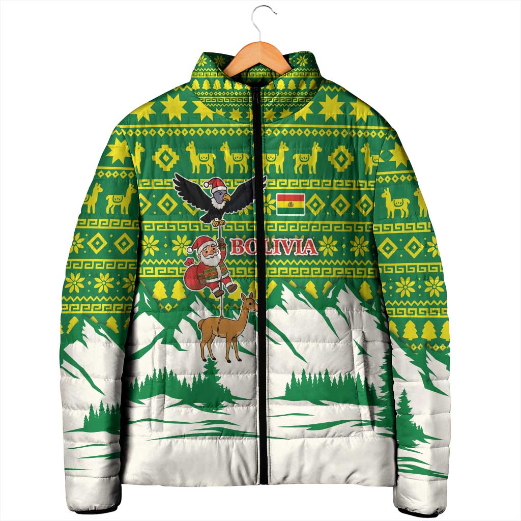 Bolivia Christmas Padded Jacket with Santa Claus Andean Deer Condor and Traditional Pattern Design - Wonder Print Shop