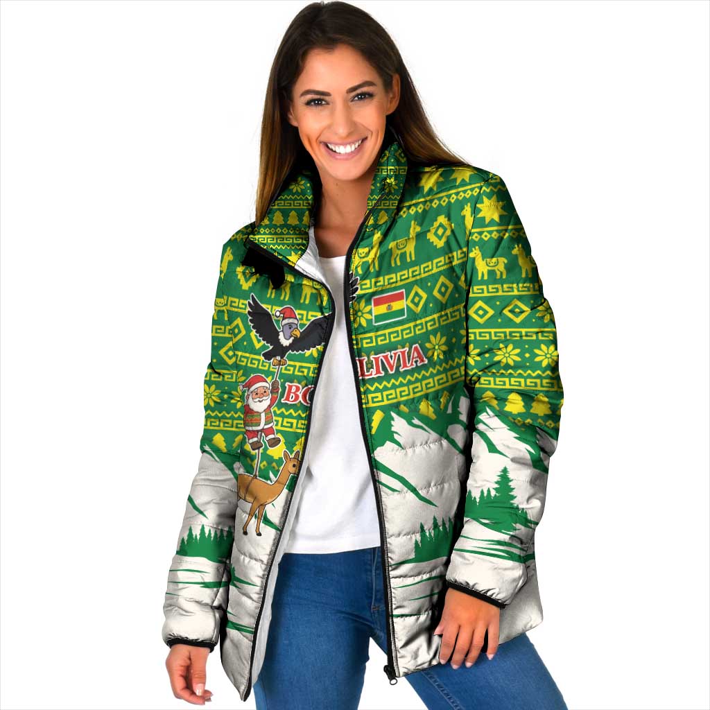 Bolivia Christmas Padded Jacket with Santa Claus Andean Deer Condor and Traditional Pattern Design - Wonder Print Shop