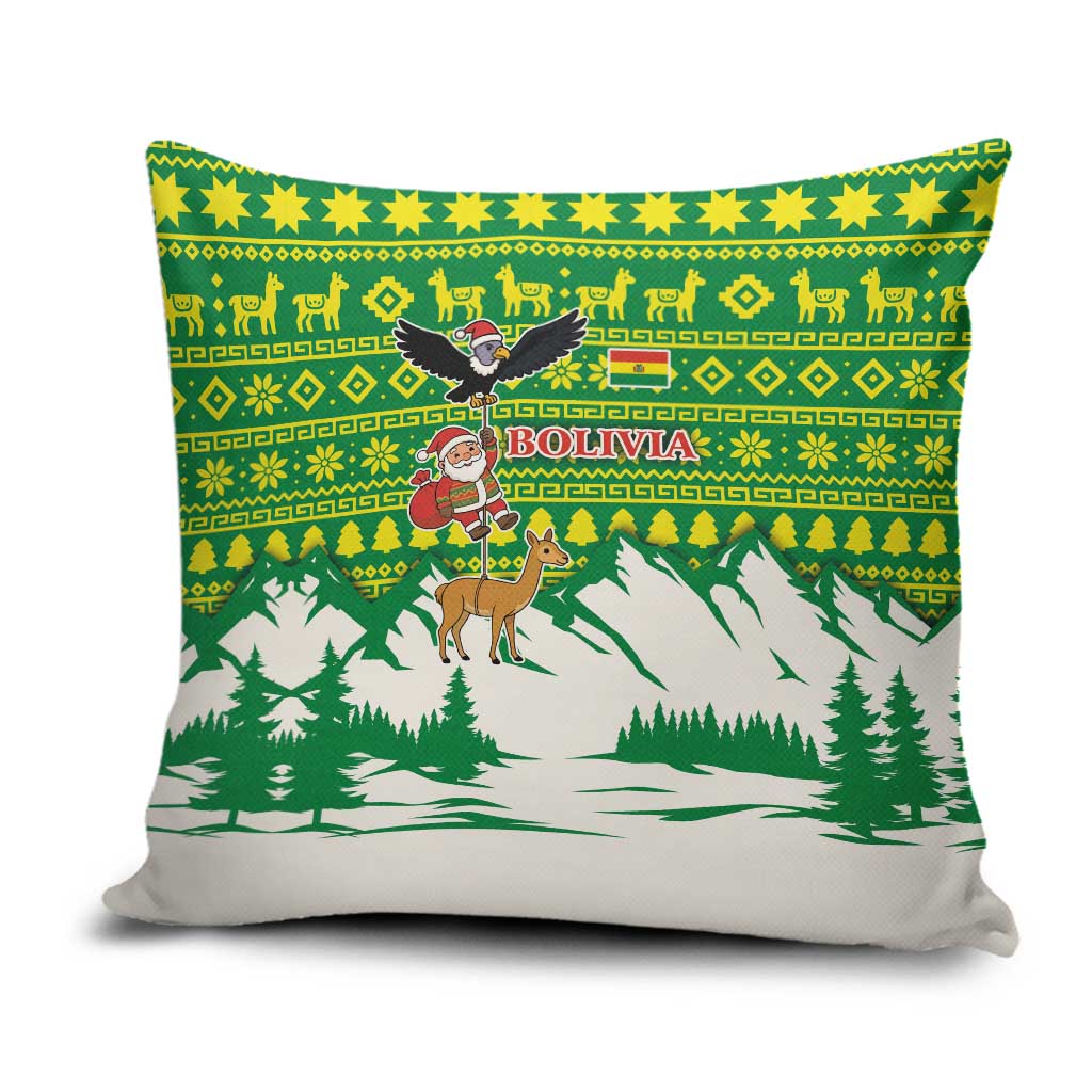 Bolivia Christmas Pillow Cover with Santa Claus Andean Deer Condor and Traditional Pattern Design - Wonder Print Shop