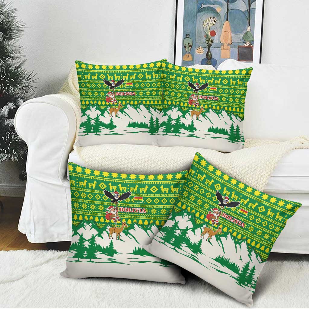 Bolivia Christmas Pillow Cover with Santa Claus Andean Deer Condor and Traditional Pattern Design - Wonder Print Shop