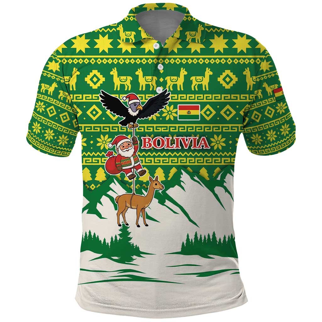 Bolivia Christmas Polo Shirt with Santa Claus Andean Deer Condor and Traditional Pattern Design - Wonder Print Shop