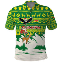 Bolivia Christmas Polo Shirt with Santa Claus Andean Deer Condor and Traditional Pattern Design - Wonder Print Shop