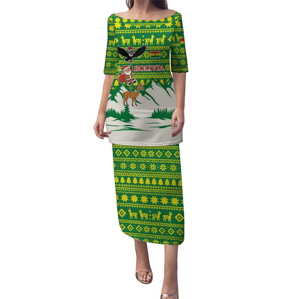 Bolivia Christmas Puletasi with Santa Claus Andean Deer Condor and Traditional Pattern Design - Wonder Print Shop