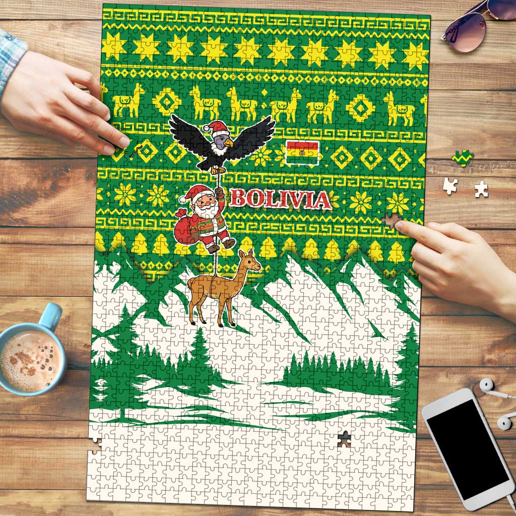 Bolivia Christmas Puzzle with Santa Claus Andean Deer Condor and Traditional Pattern Design - Wonder Print Shop