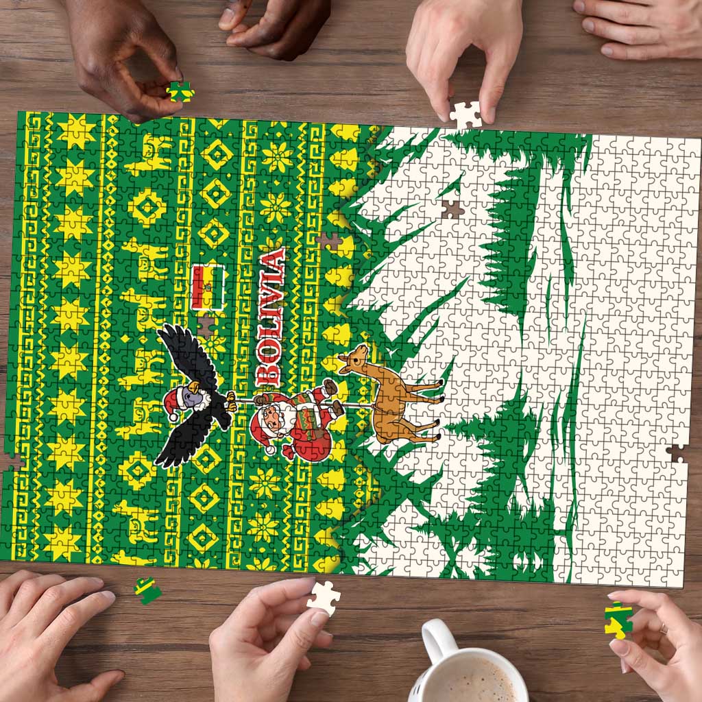 Bolivia Christmas Puzzle with Santa Claus Andean Deer Condor and Traditional Pattern Design - Wonder Print Shop